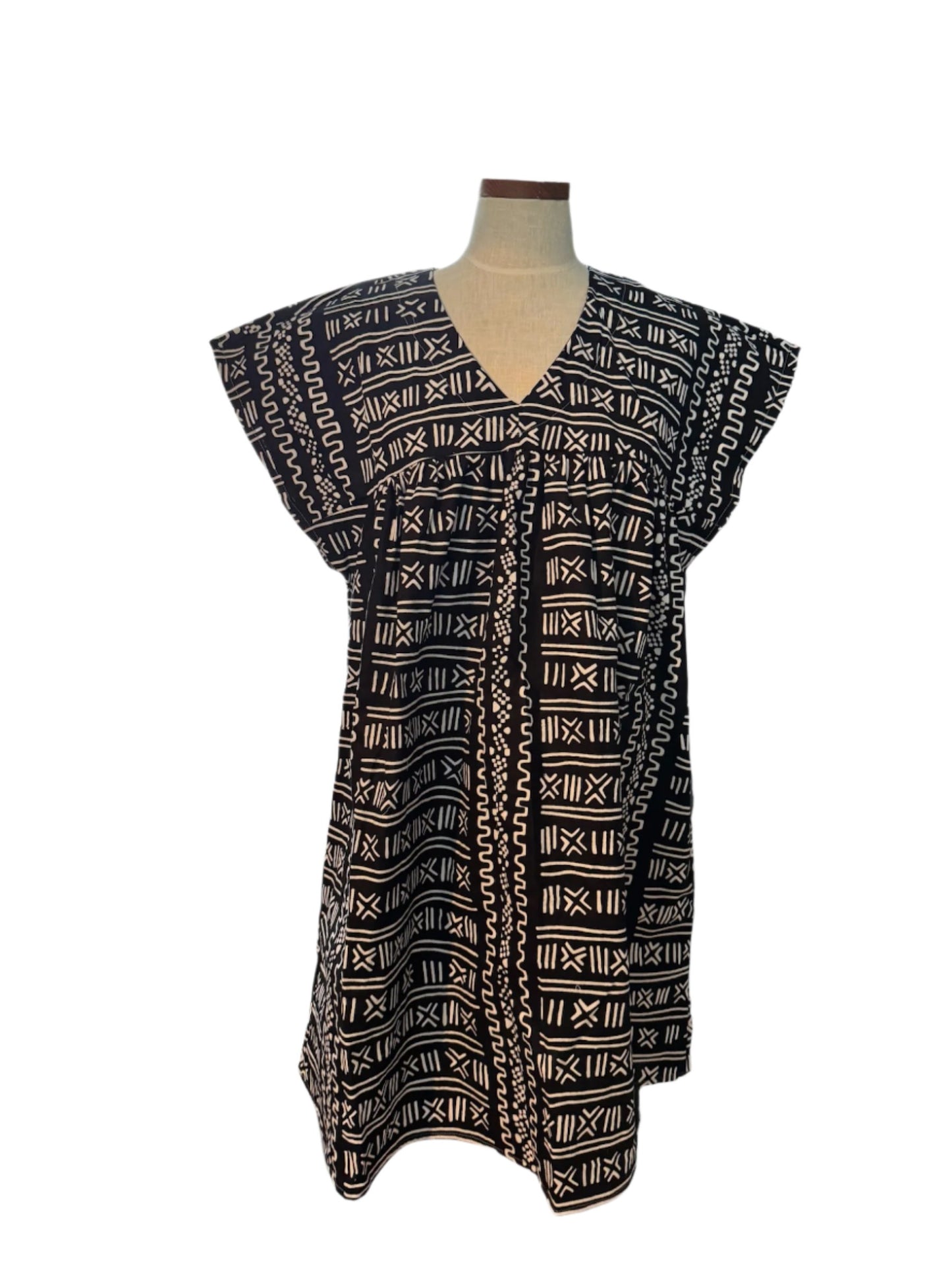 YOKE DRESS COTTON Black w white print Sleeveless
