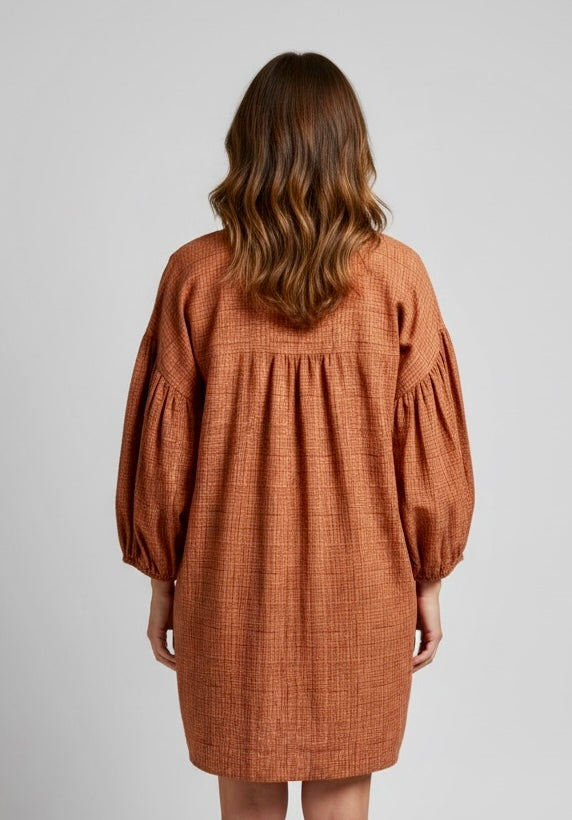 YOKE DRESS brown cotton w sleeve