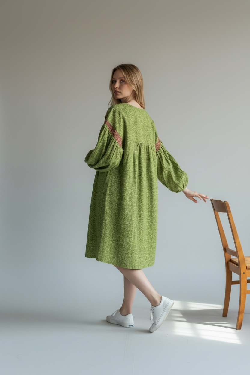YOKE DRESS w sleeve - green ginger leaf bottom vintage quilt top size:small