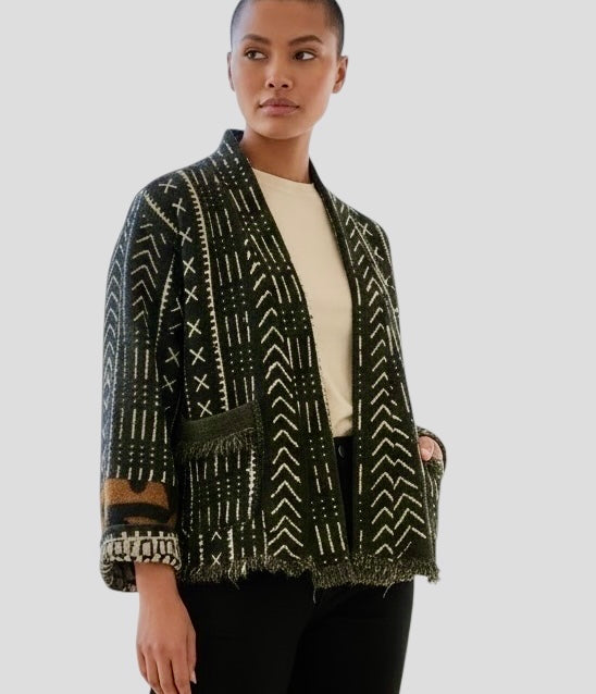 CROPPED JACKET black w white print brown sleeve insert size medium