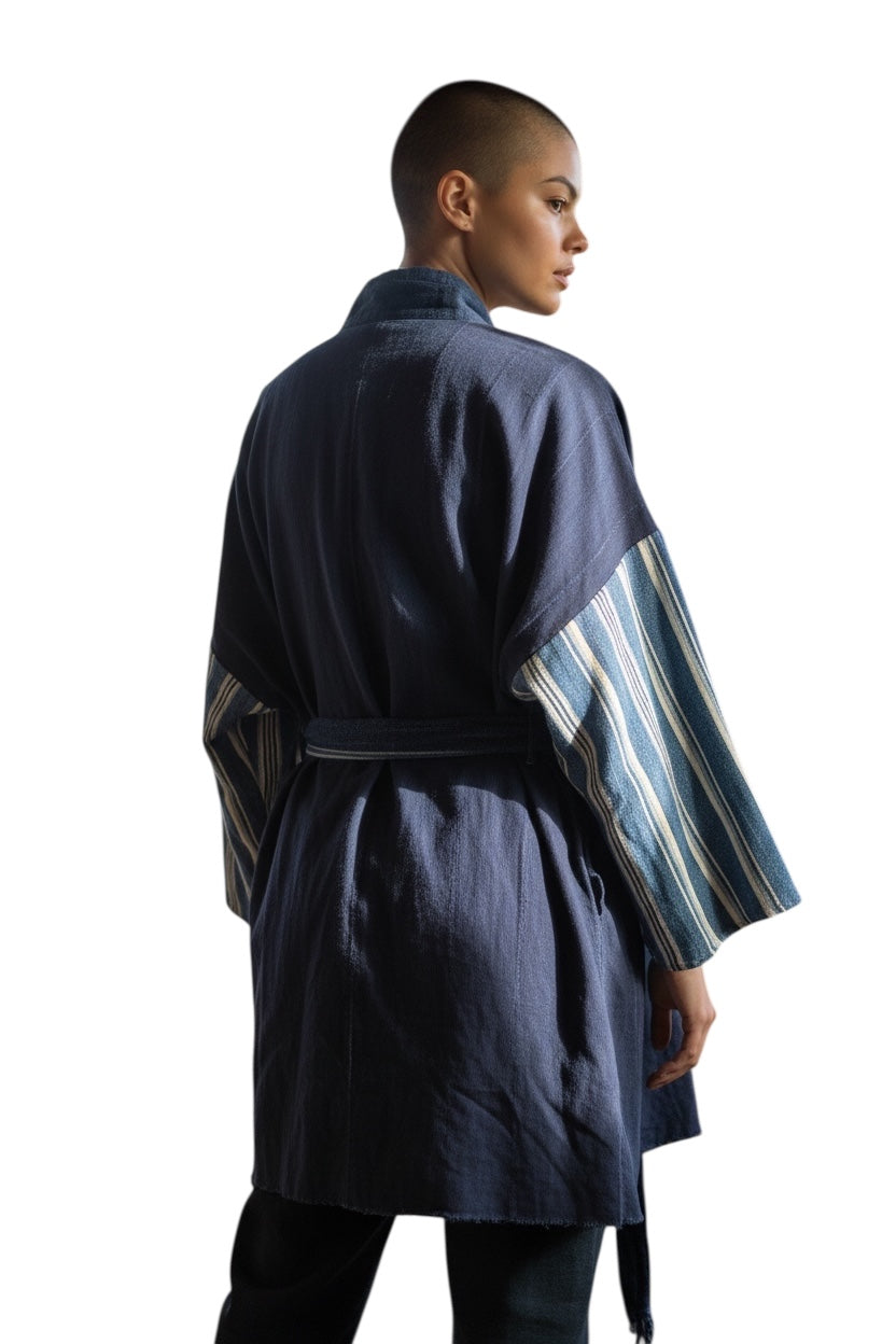 KIMONO INDIGO MUDCLOTH w striped sleeves and belt