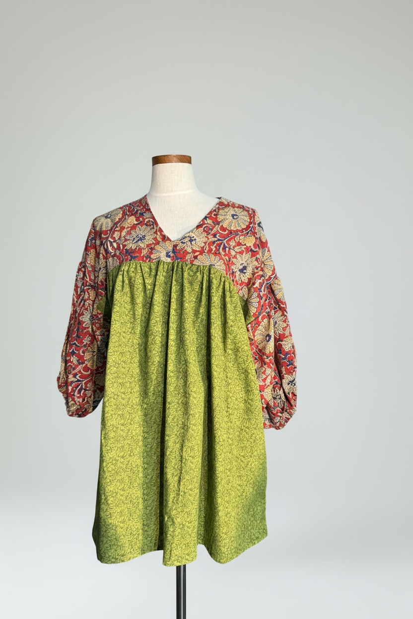 YOKE DRESS w sleeve green cotton indian top