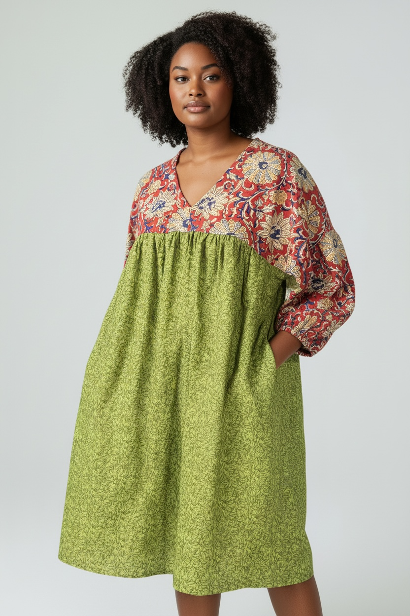 YOKE DRESS w sleeve green cotton indian top