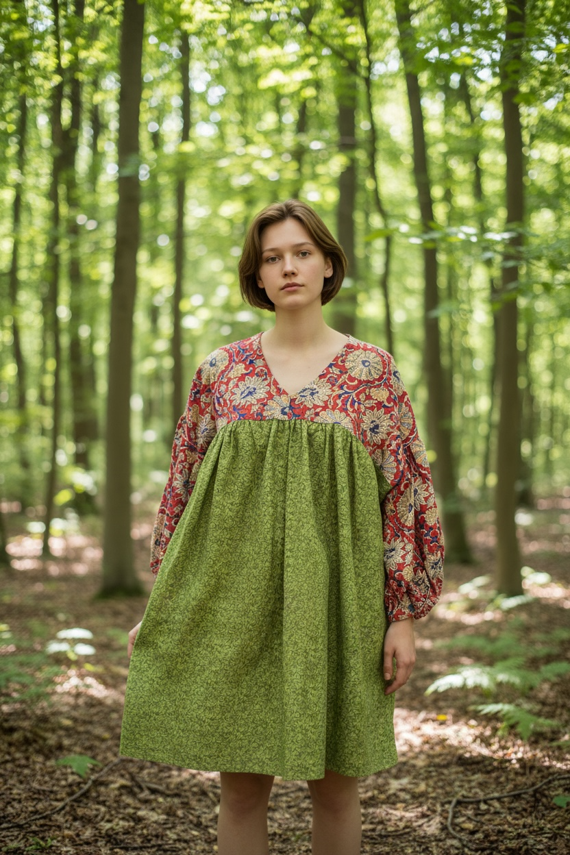YOKE DRESS w sleeve green cotton indian top