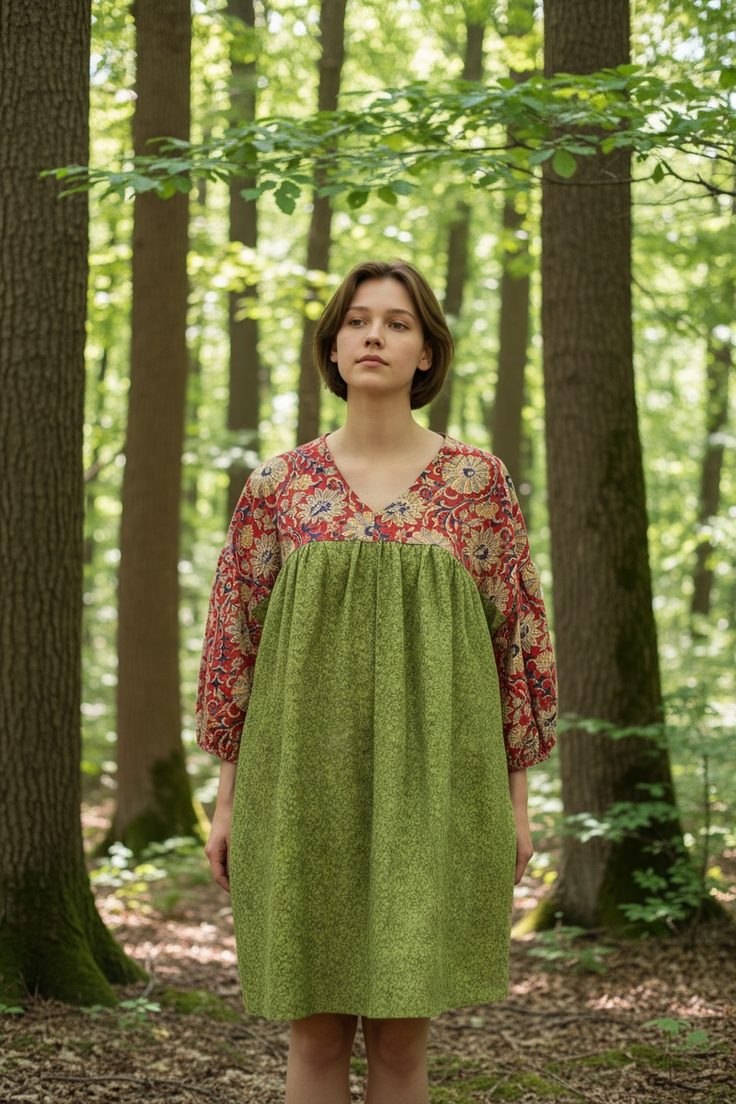 YOKE DRESS w sleeve green cotton indian top