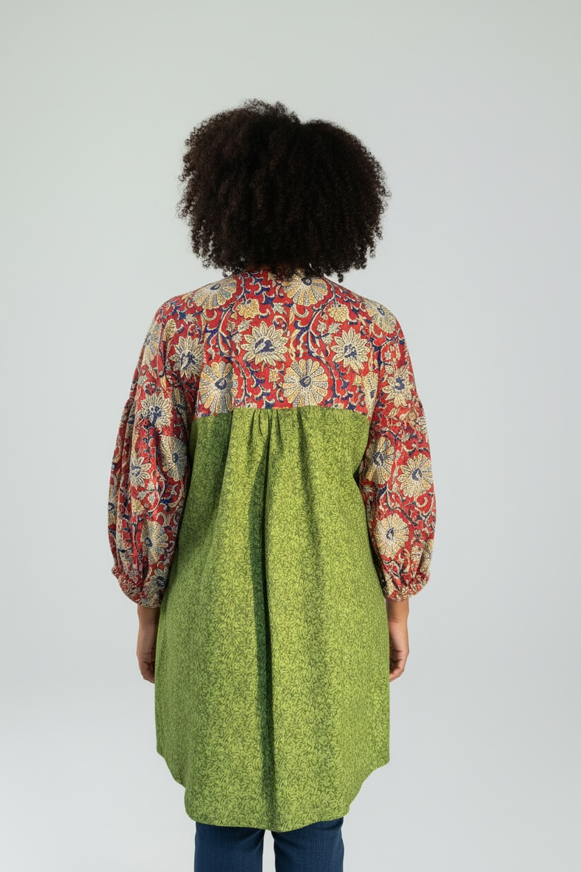 YOKE DRESS w sleeve green cotton indian top