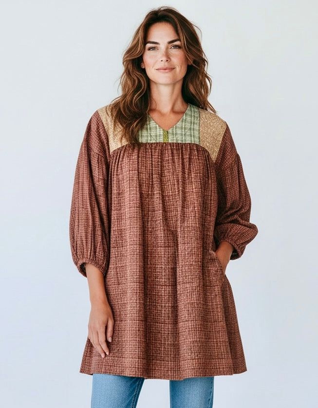 YOKE DRESS brown cotton w sleeve