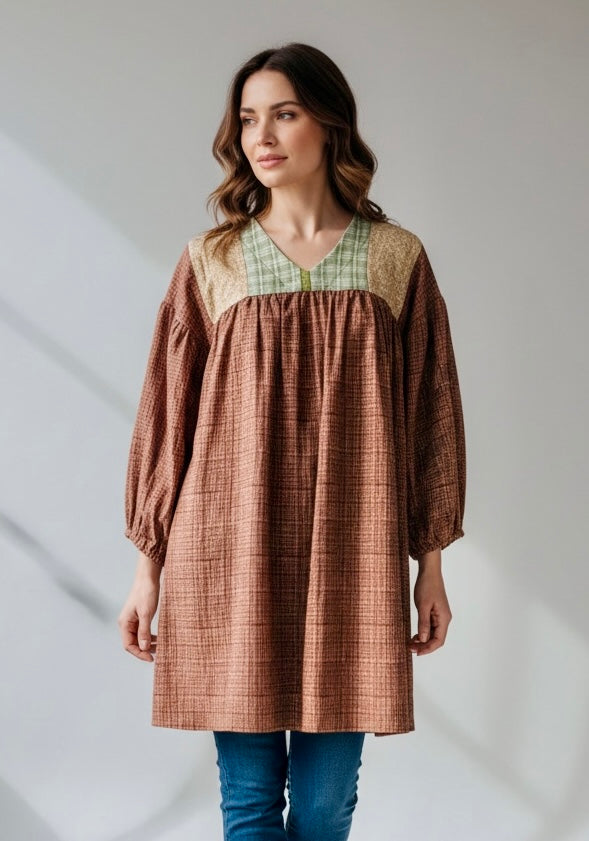 YOKE DRESS brown cotton w sleeve
