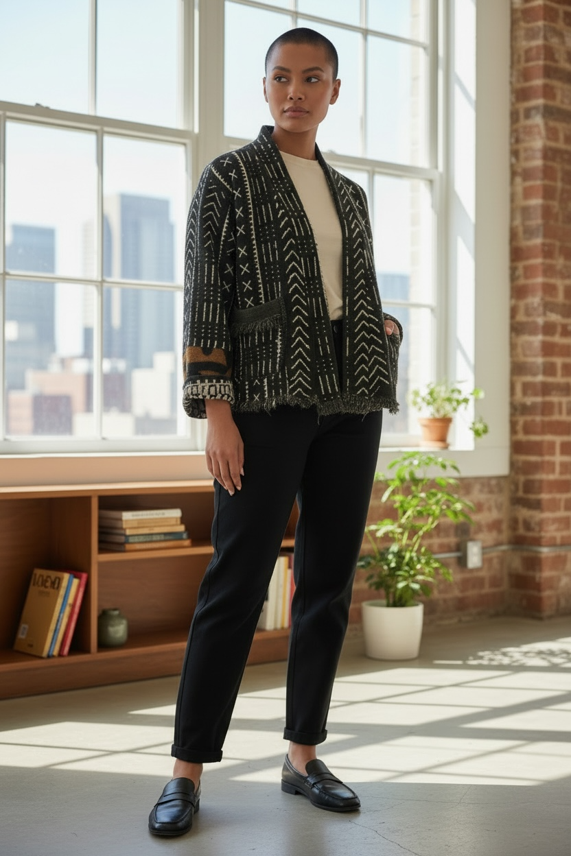 CROPPED JACKET black w white print brown sleeve insert size medium