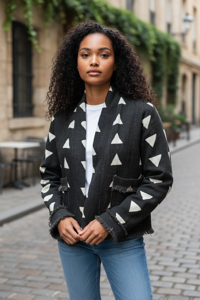 CROPPED JACKET black w white triangles size small