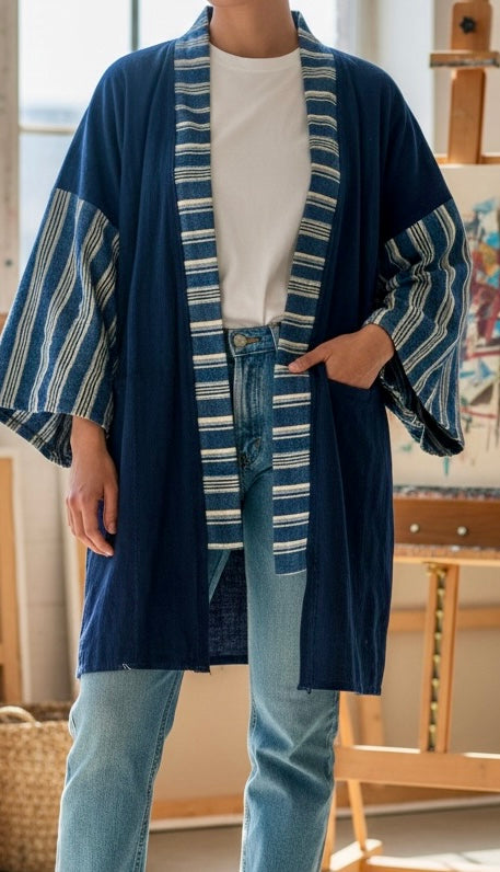 KIMONO INDIGO MUDCLOTH w striped sleeves and belt