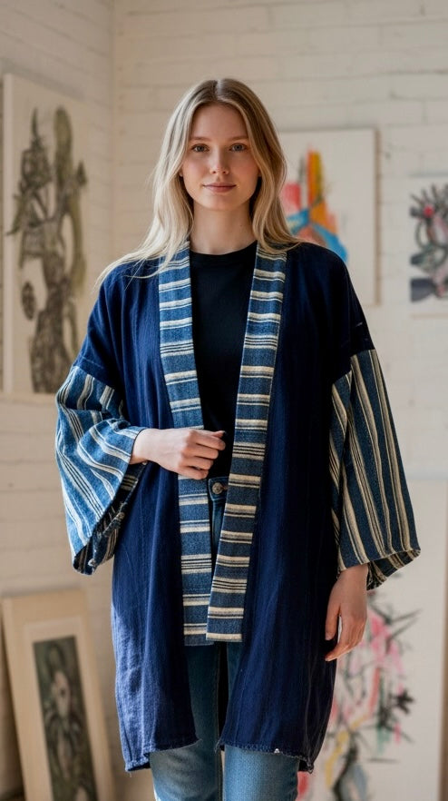 KIMONO INDIGO MUDCLOTH w striped sleeves and belt