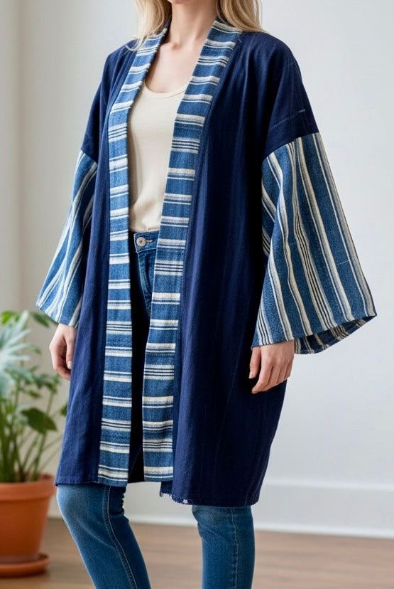 KIMONO INDIGO MUDCLOTH w striped sleeves and belt
