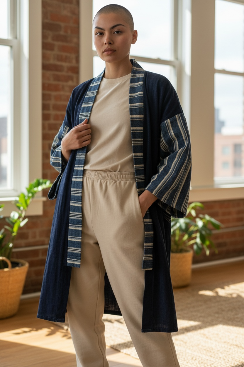 KIMONO INDIGO MUDCLOTH w striped sleeves and belt