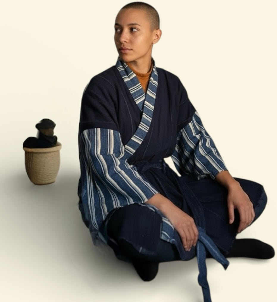 KIMONO INDIGO MUDCLOTH w striped sleeves and belt