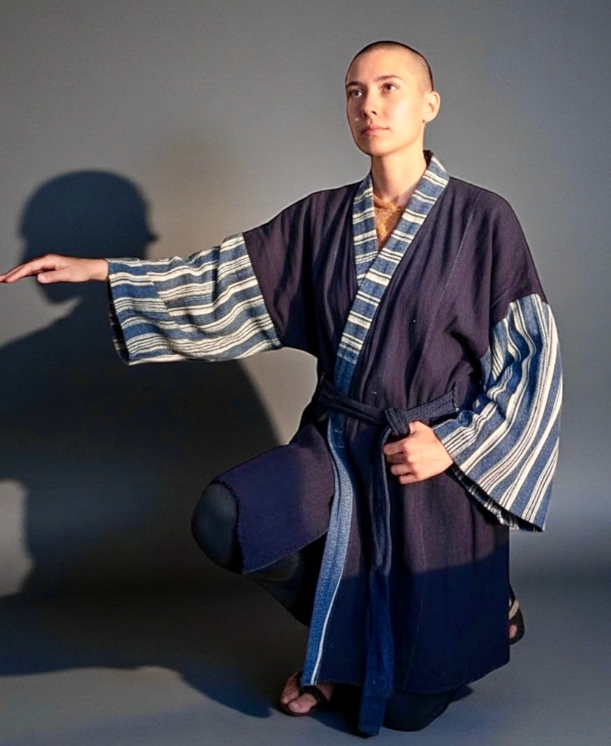 KIMONO INDIGO MUDCLOTH w striped sleeves and belt