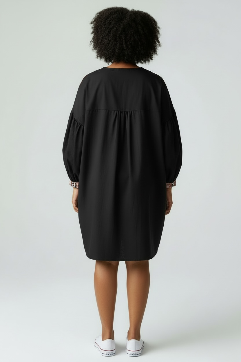 YOKE DRESS w sleeve black cotton indonesian top size:EXTRA LARGE