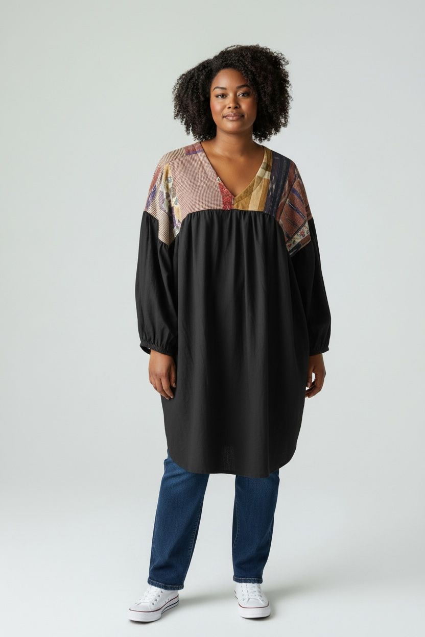 YOKE DRESS w sleeve black cotton indonesian top size:EXTRA LARGE