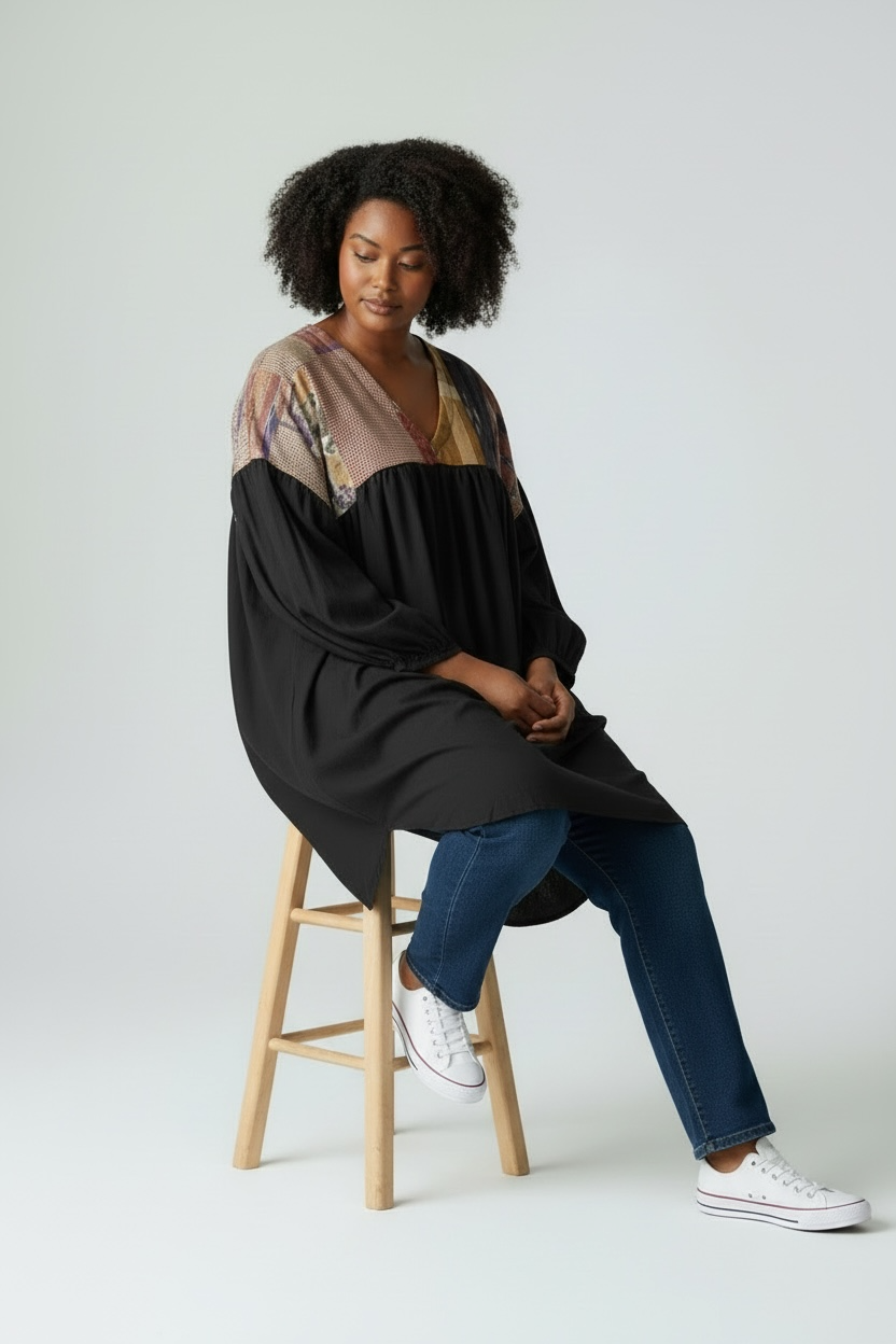 YOKE DRESS w sleeve black cotton indonesian top size:EXTRA LARGE