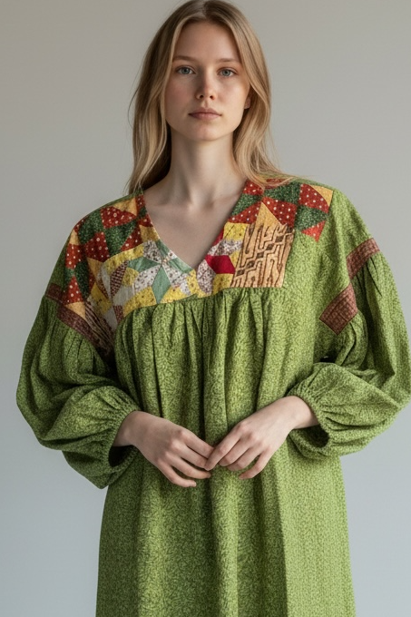 YOKE DRESS w sleeve - green ginger leaf bottom vintage quilt top size:small