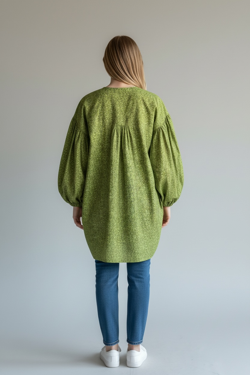 YOKE DRESS w sleeve - green ginger leaf bottom vintage quilt top size:small