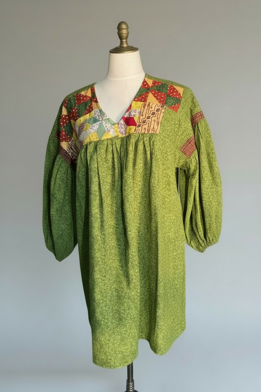 YOKE DRESS w sleeve - green ginger leaf bottom vintage quilt top size:small