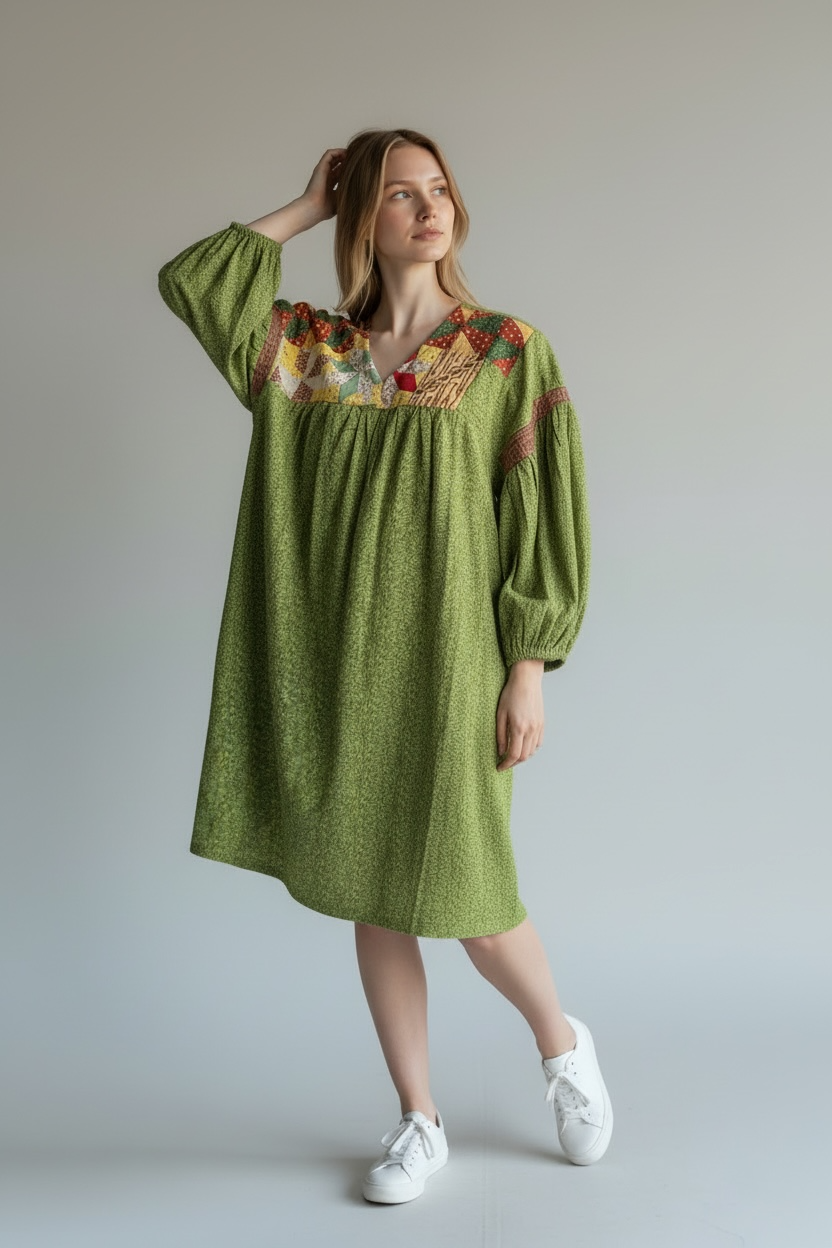 YOKE DRESS w sleeve - green ginger leaf bottom vintage quilt top size:small