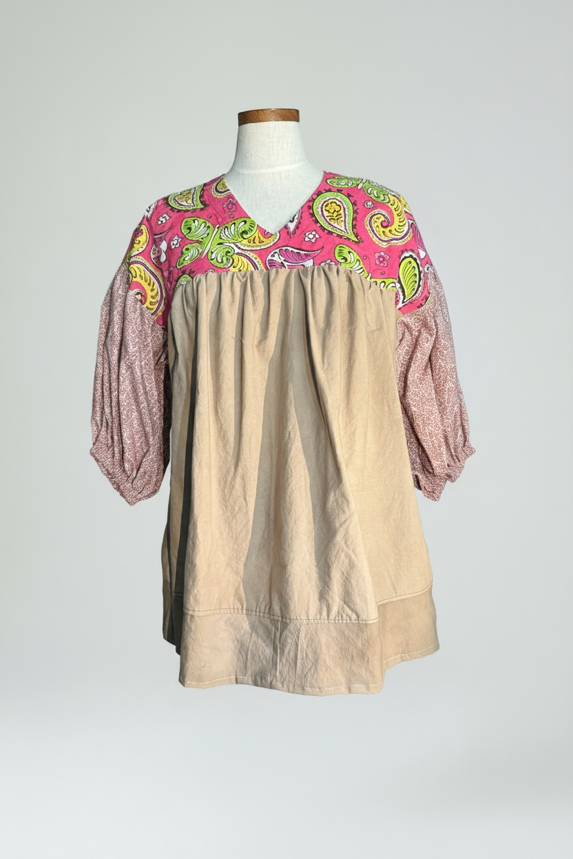 YOKE DRESS w sleeve tan bottom pink calico top