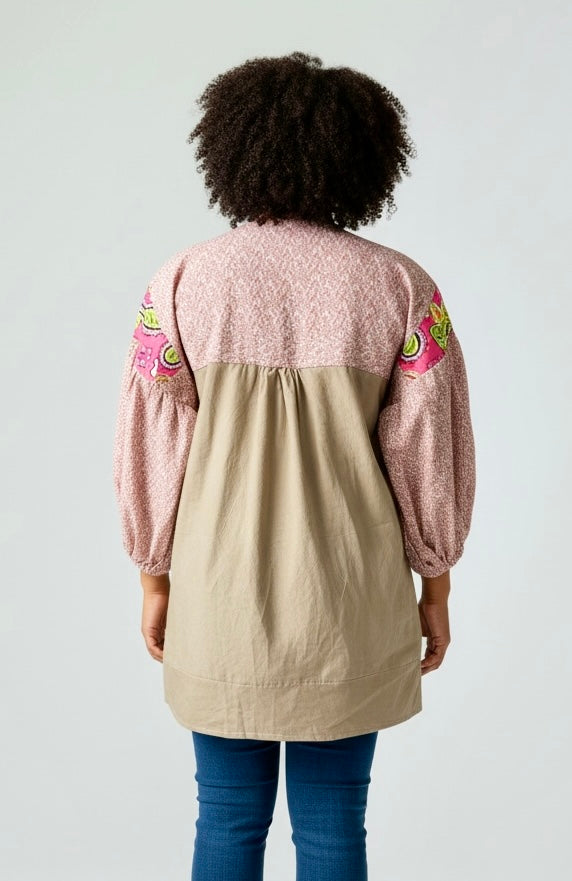 YOKE DRESS w sleeve tan bottom pink calico top