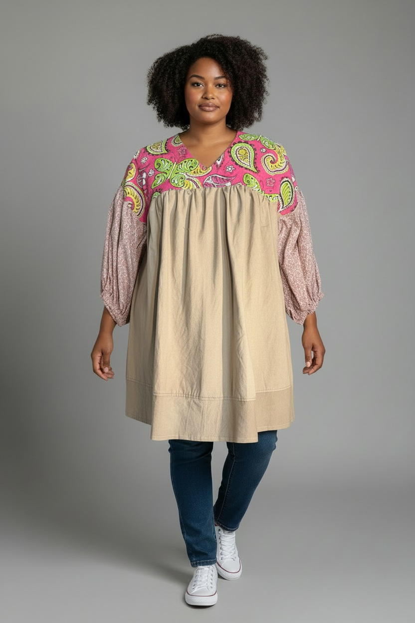 YOKE DRESS w sleeve tan bottom pink calico top