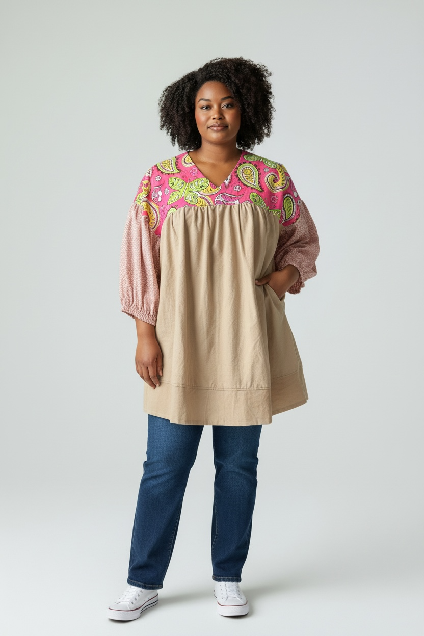 YOKE DRESS w sleeve tan bottom pink calico top