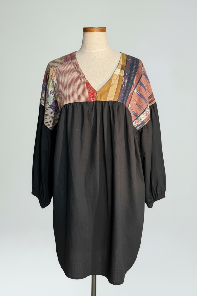 YOKE DRESS w sleeve black cotton indonesian top size:EXTRA LARGE